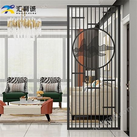 新中式房间装饰艺术不锈钢隔断 带艺术画玻璃屏风