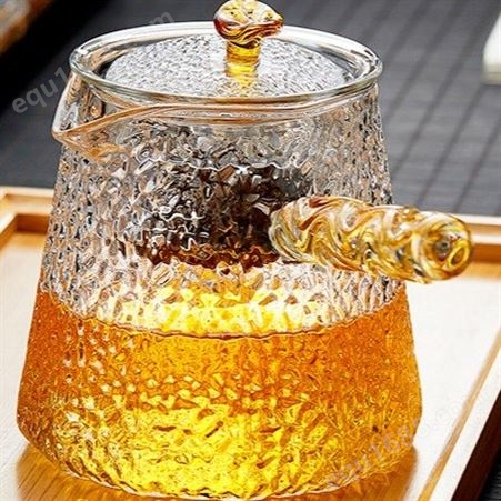 锤纹玻璃茶壶  单壶  耐热蒸茶侧把壶  家用煮茶器  耐高温泡茶壶  茶具套装