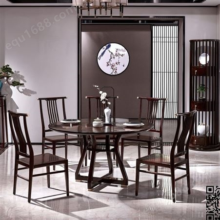 名人居 万檀中式餐台胡桃木色圆形餐桌家庭多人配套桌椅