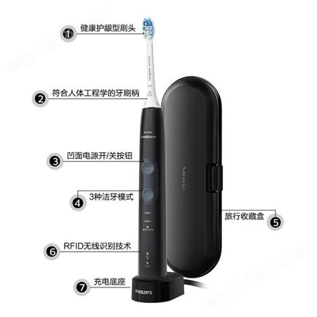 飞利浦(PHILIPS) 电动牙刷 健康护龈型 3种模式 感应 黑色 HX6850/60自带牙刷盒