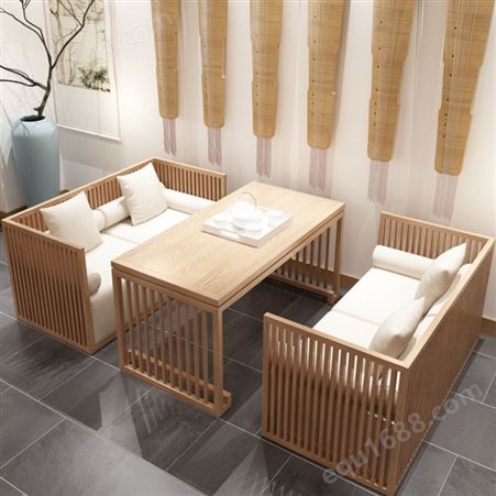 新中式实木沙发组合设计 现代中式禅意民宿酒店会所原木色茶楼家具定制